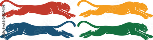 Photography Dynamic leaping panther vector set, four colorful big cat silhouettes in red, orange, blue, and green, ideal for sports branding, team mascots, or powerful logo designs