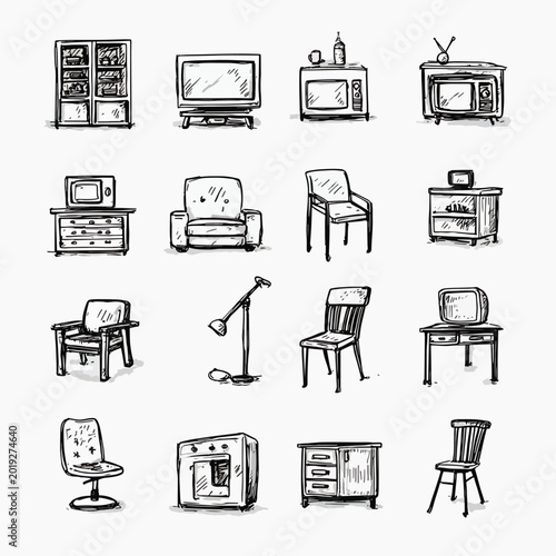 Vintage furniture and home appliances collection.