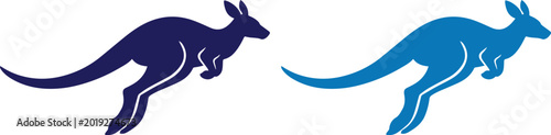 Foto Dynamic Kangaroo Silhouette Vector Set, two jumping marsupials in dark blue and