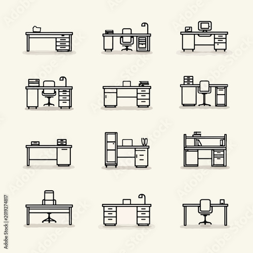 Variety of office desks and workstations.