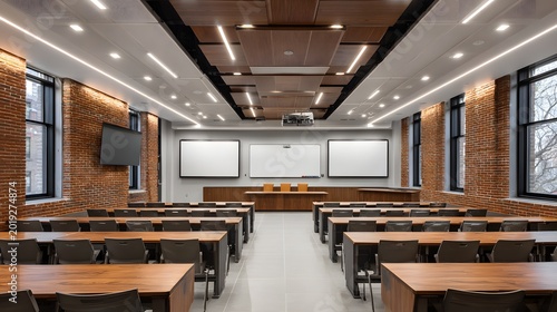 Modern Spacious University Lecture Hall with Rows of Empty Desks
