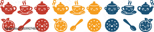 Fotografie Charming Kawaii Tea Time Vector Icon Set, 24 Adorable Hot Drink and Dessert Elem