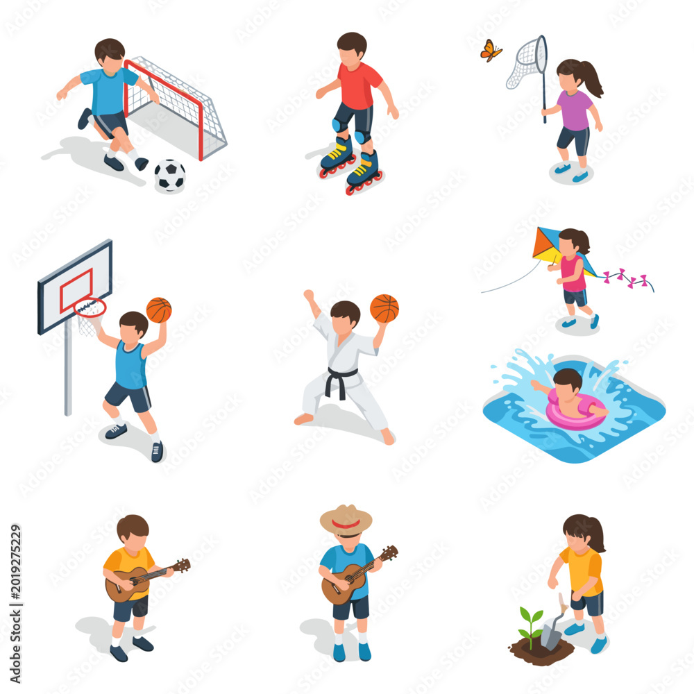 Fototapeta premium Colorful flat lay illustration of diverse people engaging in various sports and hobbies on a white background.