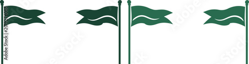 Four green waving flags on poles, a simple vector graphic element. Minimalist flag icon set for navigation, location, or achievement markers. Clean, modern design for web and app interfaces.