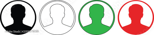 Foto User Profile Avatar Icon Set, four distinct vector profile silhouettes in black, outline, green, and red, ideal for web UI, app design, and social media interfaces