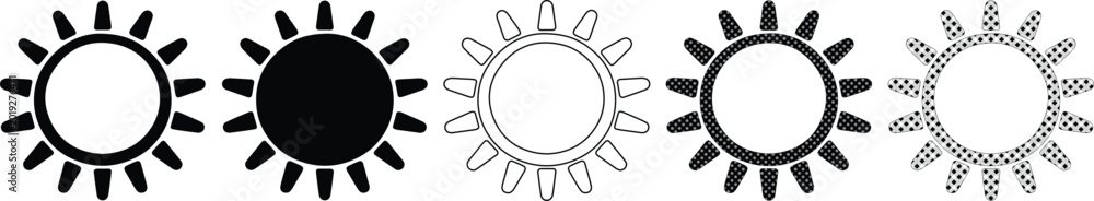 Fototapeta premium Sun icon set, black and white vector suns, weather symbols, brightness and light indicators, simple graphic elements for UI/UX design and apps
