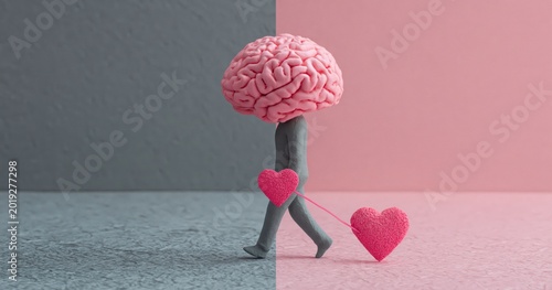 Brain character with heart emotion walking on surreal mind background for psychology