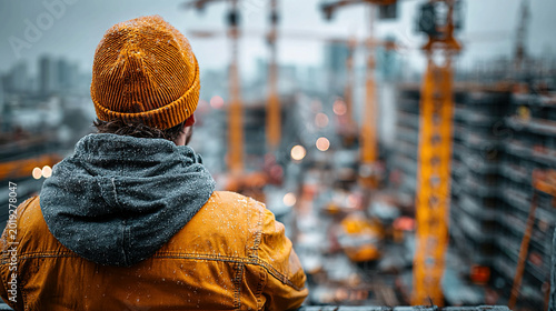 Architecture professional looking at building under construction scaffolding and cranes in background emphasizing planning structural assessment and progress of urban development project workflow