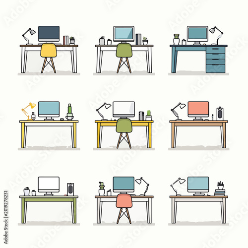 Office desks with computer setups.