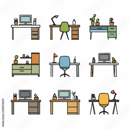 Office desks with computers and chairs.