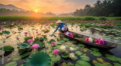 Asian woman in a conical hat picking pink lotus flowers on a wooden boat at sunrise.