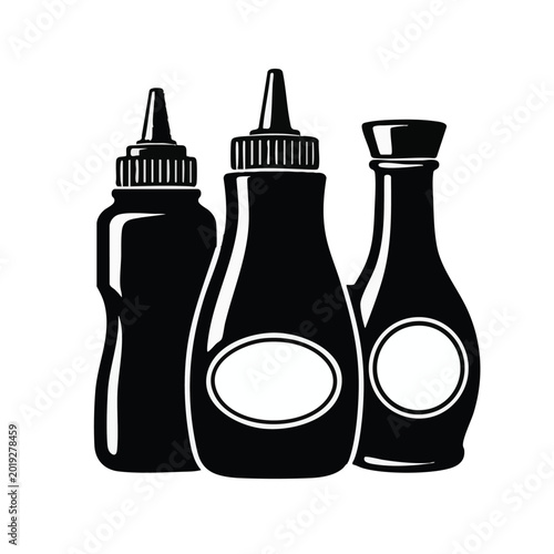 Cuadro en lienzo Condiment bottles, sauce dispensers, black icons, kitchen supplies, food packagi