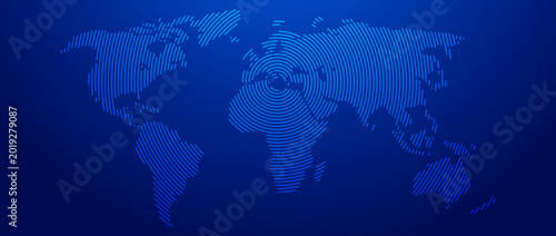 Blue neon glowing lined world map concept. Abstract neon lines globe worldmap for poster, banner, brochure, booklet, presentation. Round linear continent infographics wallpaper. Vector illustration