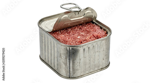 Corned beef can with opened pull tab and chunky meat filling inside a metallic tin studio shot