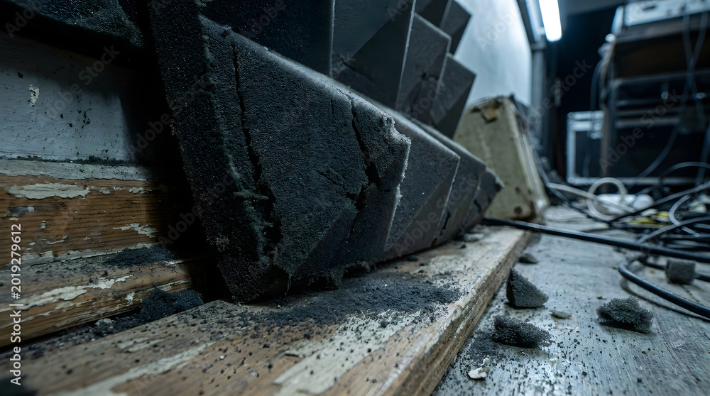 Fototapeta premium Damaged acoustic foam panels in a studio