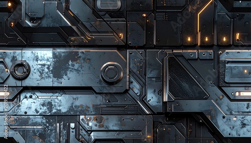 A futuristic metallic panel with orange lights