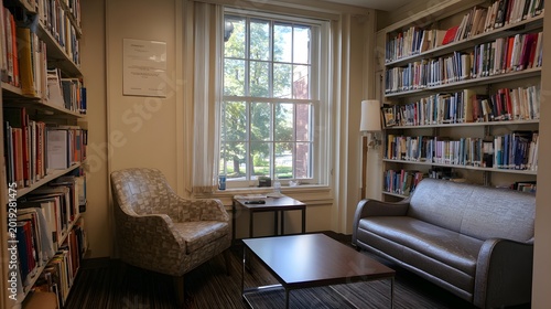 Cozy Modern Reading Corner with Bookshelf and Two Grey Armchairs