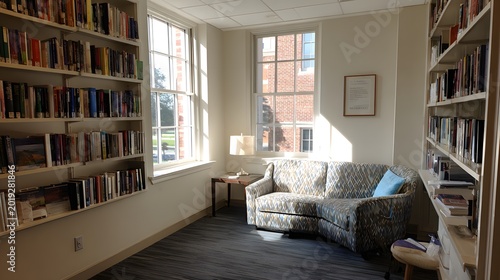Cozy Modern Reading Corner with Bookshelf and Two Grey Armchairs