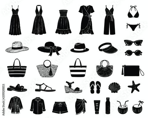 Photography Summer beachwear icons, black silhouette fashion set, 25 beach vacation elements