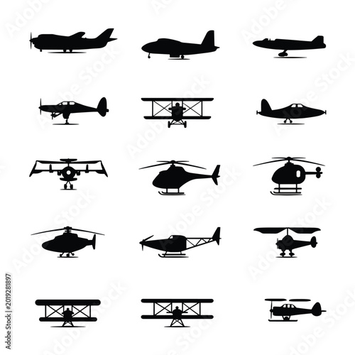 Collection of airplane and helicopter silhouettes.