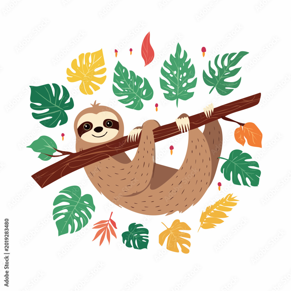 Obraz premium Cute Sloth Hanging on a Branch with Tropical Leaves