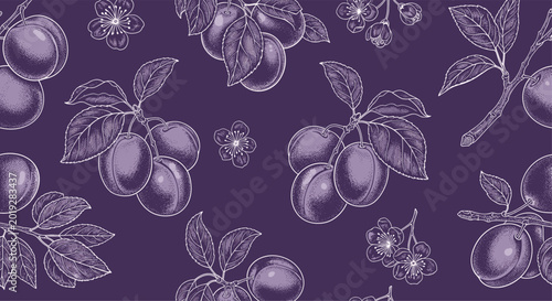 Seamless pattern of ripe purple plums with green leaves and small white blossoms scattered across a dark violet background for textiles.
