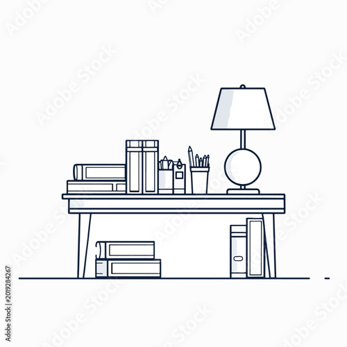 Desk with lamp and office supplies.