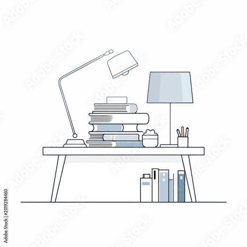 Desk with books and lamps.