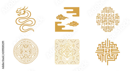 Foto Golden traditional East Asian graphic elements set, featuring a mythical dragon,