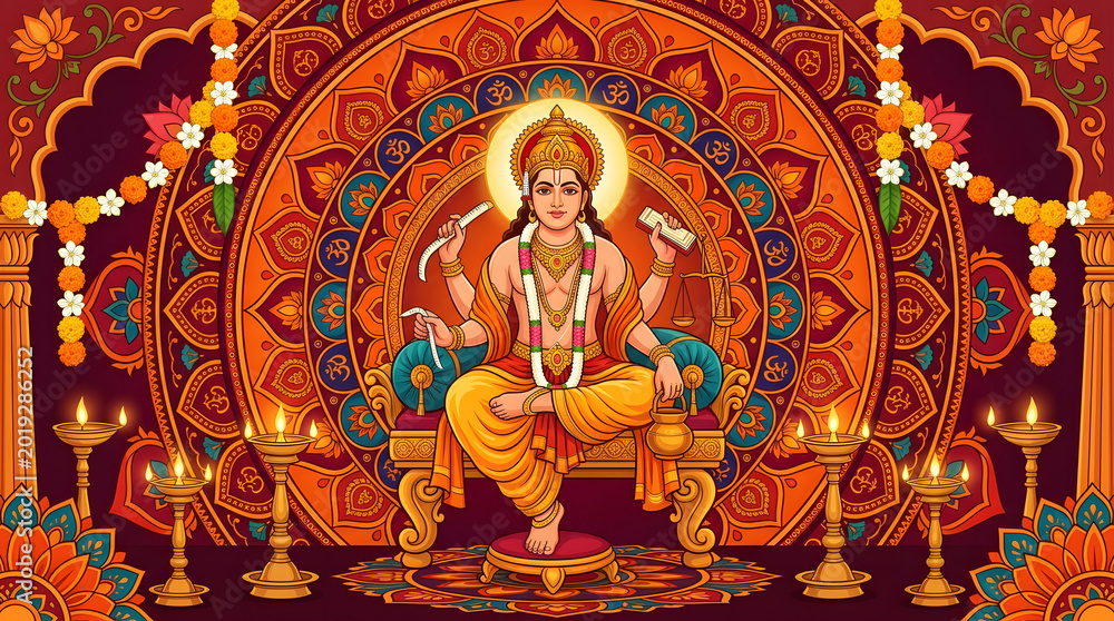 Fototapeta premium Lord Vishnu in his divine form seated on a lotus throne surrounded by ornate decorations.