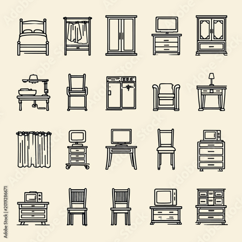 Furniture icons in line style.