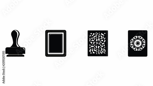 Black rubber stamp and icons.