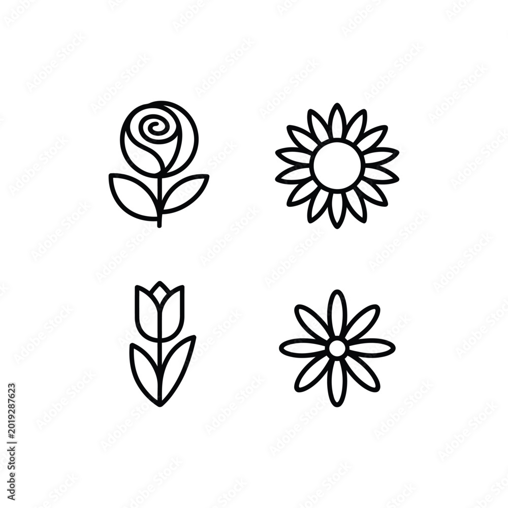Obraz premium Collection of four stylized flower icons - rose sunflower tulip daisy