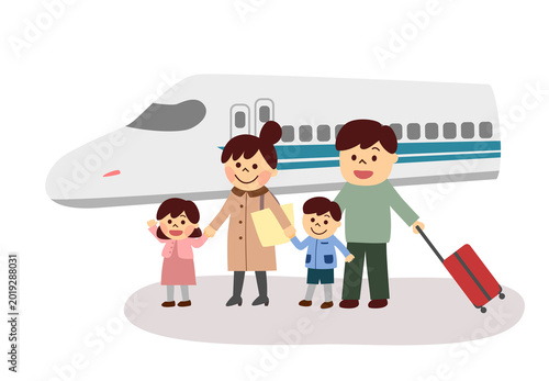 新幹線で旅行をする家族