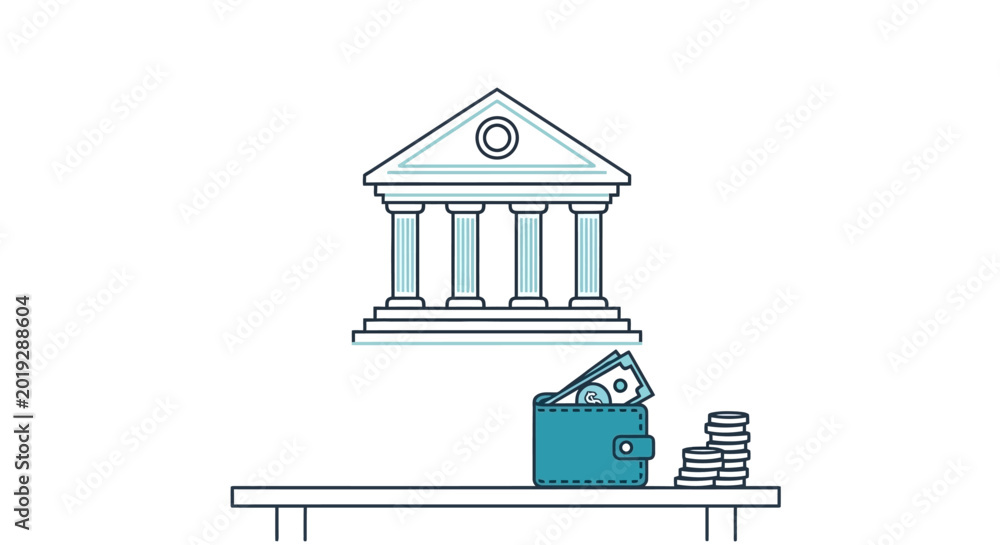Fototapeta premium A cartoon bear sitting on a table with stacks of coins and a bank building.