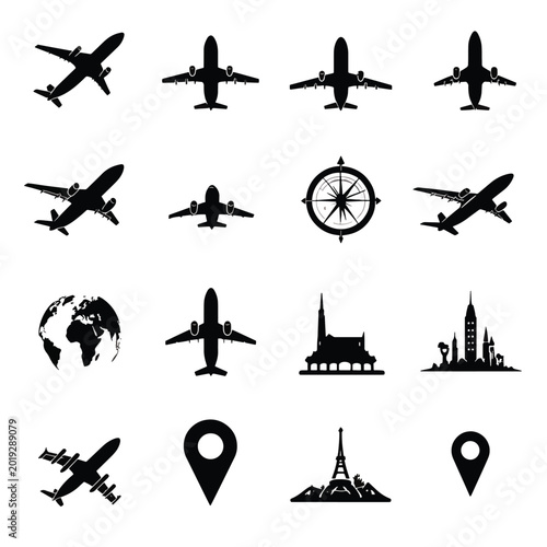 Airplane Silhouette Travel Icons Collection.