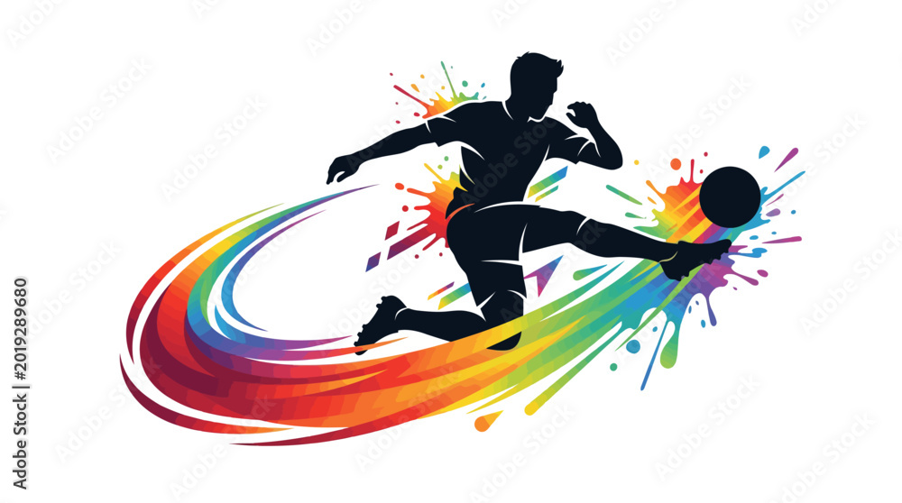 Fototapeta premium A soccer player kicks a colorful ball with dynamic motion and vibrant splashes.