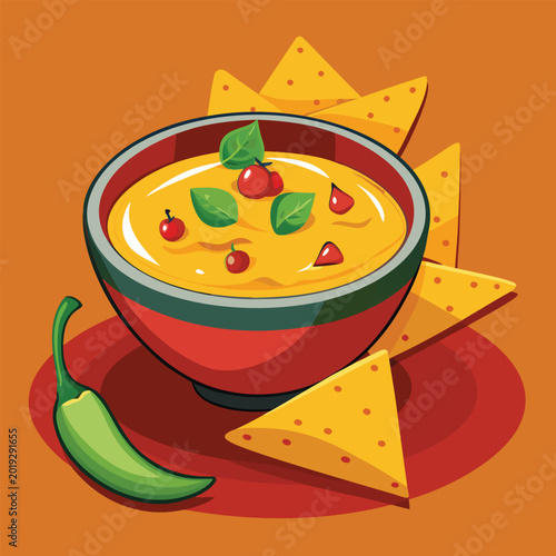 Bowl of yellow dip with tortilla chips