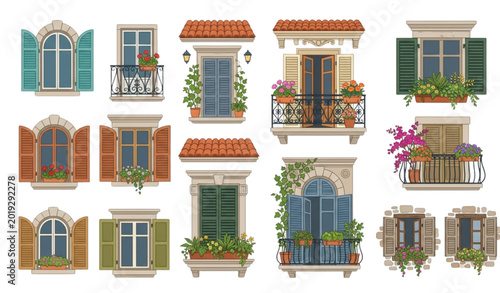 Foto Elegant windows and balconies with flower boxes and shutters vector graphic isol