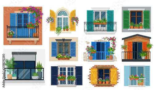 Decorative balcony and window shutter collection with flowers vector illustration isolated on white background