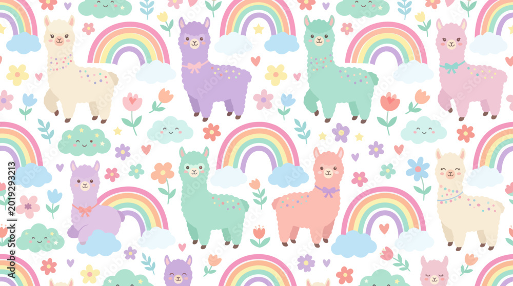 Naklejka premium Cute Llama Rainbow Seamless Pattern, Flat Cartoon Vector Illustration for Children's Nursery Whimsical Design