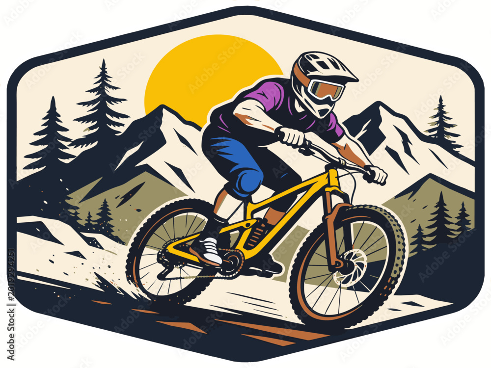 Obraz premium Dynamic outdoor vector emblem featuring a downhill mountain biker racing through rugged trails with mountain scenery, pine forests, and a bright sun backdrop in a bold vintage-inspired badge style.