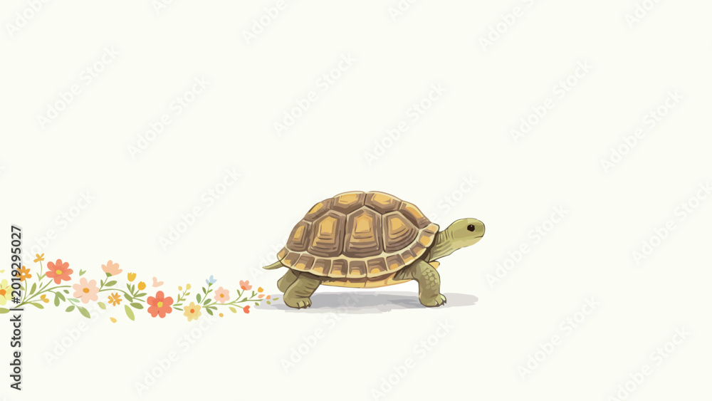 Obraz premium Whimsical Soft Watercolor Illustration of a Gentle Walking Baby Tortoise With Delicate Trailing Wildflower Border, Calm Nursery Art on Warm Cream Background