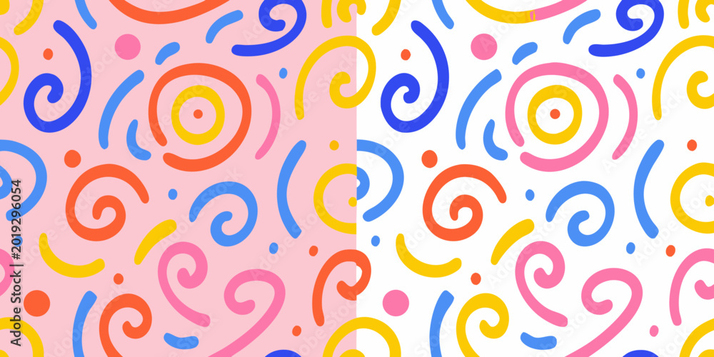 Fototapeta premium Colorful abstract swirl pattern with loops and dots on a pink and white background