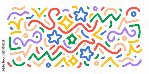 Foto Colorful abstract doodle pattern with overlapping shapes and lines on a white ba