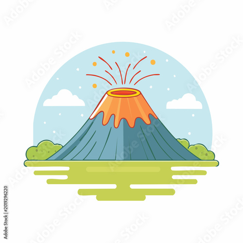 Dynamic illustration of an erupting volcano with vibrant fiery lava spewing from its majestic peak into a clear sky