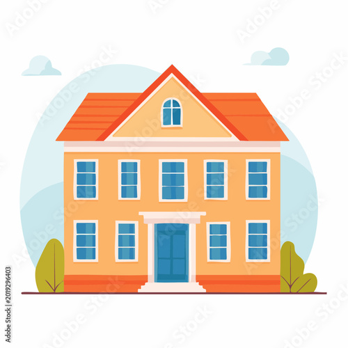 Vibrant Cartoon House with Red Roof and Blue Door A Welcoming Architectural Illustration for Various Concepts