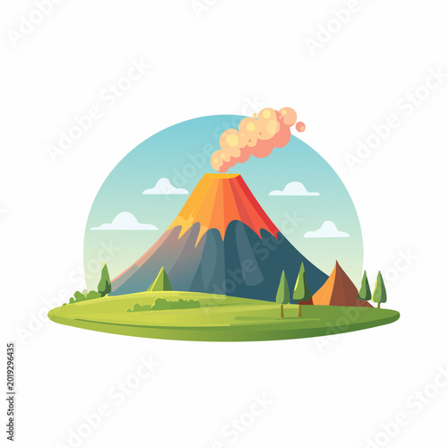 Illustration of a cartoon volcano erupting smoke amidst lush green hills and trees