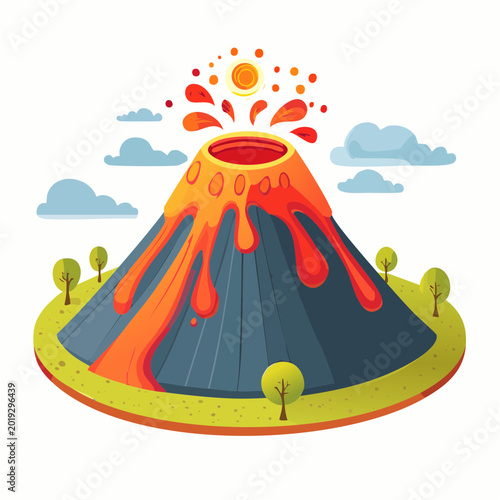 Volcano erupting with lava and ash, surrounded by trees and clouds