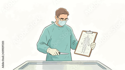 Warm soft line illustration of a bespectacled masked male medical examiner holding scalpel and anatomical diagram clipboard over an examination table
